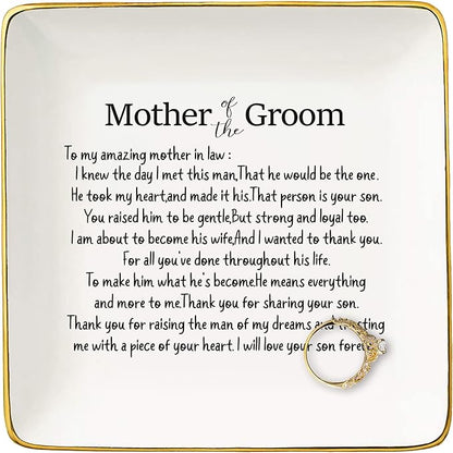 Mother Of the Groom Gifts from Bride,Bridal Shower Gifts for Mother in Law,Wedding Present for New Mom-Thank You for Raising the Man Of My Dreams-Ceramic Jewelry Tray Trinket Holder Ring Dish