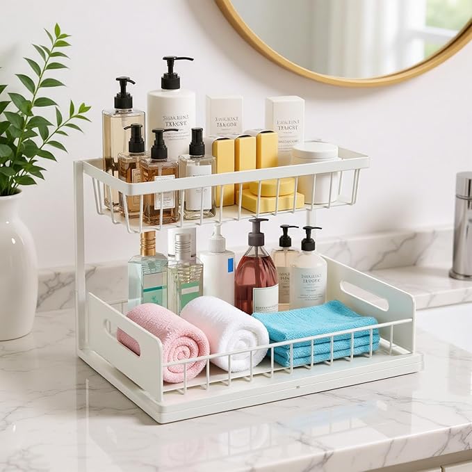 Under Sink Organizer Pull Out Kitchen Sink Organizer, 2 Tier L-Shape Bathroom Organizers and Storage with Sliding Drawer for Kitchen Bathroom Pantry (White, 1 Pack)