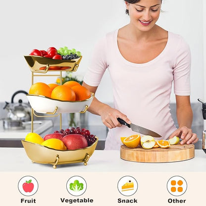 3 Tier Fruit Bowl for Kitchen Counter, White Gold Ceramic Fruit Stand for Countertop, Home Fruit Rack with Holder, Vegetable Bowl Snacks Nuts Bread Candy Storage, Small & Cute (Gold)