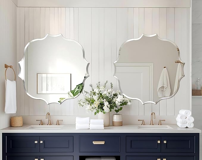 Frameless Scalloped Wall Mirror: Decorative Scallop Round Mirrored Glass Vanity with Beveled Silver Edge for Bathroom Bedroom Livingroom Dining Room Entryway Hallway, 32 x 32 inch