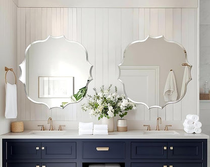 Frameless Scalloped Wall Mirror: Decorative Scallop Round Mirrored Glass Vanity with Beveled Silver Edge for Bathroom Bedroom Livingroom Dining Room Entryway Hallway, 32 x 32 inch