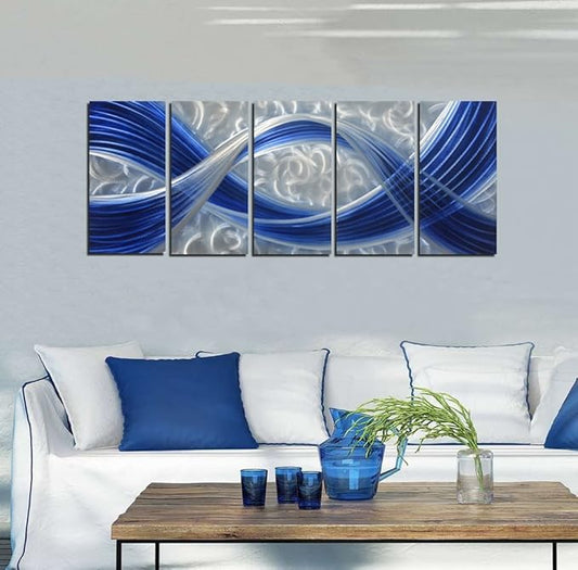 MyArton Metal Wall Sculpture, Aluminum Wall Art, Abstract Metal Wall Art, Dark Blue and Silver, 5-Panels 65" x 24" for Living Room, Bed Room, Dining Room, Kitchen, Office, Indoor and Outdoor