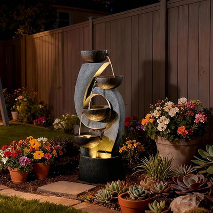 46.8”H Outdoor Water Fountain with Lights, Multi-Tier Bowl Cascading Water Feature, Tall Stacked Bowl Waterfall Freestanding Resin Garden Fountain for Patio Yard Balcony Porch
