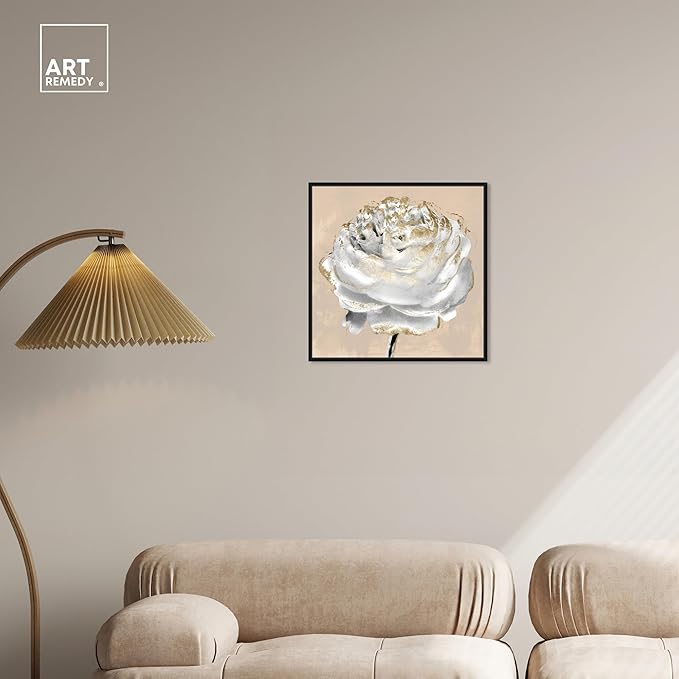 Art Remedy Beige Ranunculus Canvas Elegant White Gold Wall Art, Black Frame, 20" x 20"