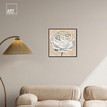 Art Remedy Beige Ranunculus Canvas Elegant White Gold Wall Art, Black Frame, 20" x 20"