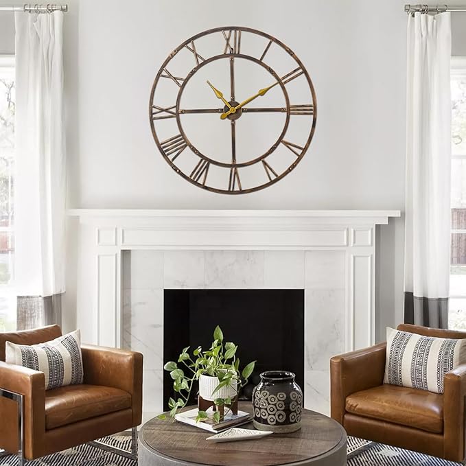 Large Wall Clock for Living Room Decor – 32 Inch Silent Non-Ticking Modern Farmhouse Wall Clock, Oversized Decorative Metal Roman Numeral Clock, Bronze