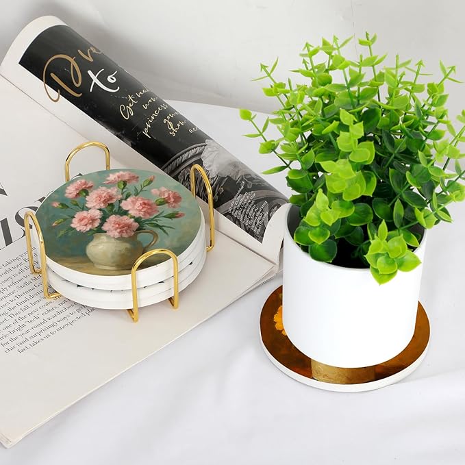 Ceramic Coasters Set of 6 with Holder, Floral Pot Style, Absorbent Drink Coaster Set for Home Decor, Cups, Mugs and Glasses (Terracotta Flower Pot)
