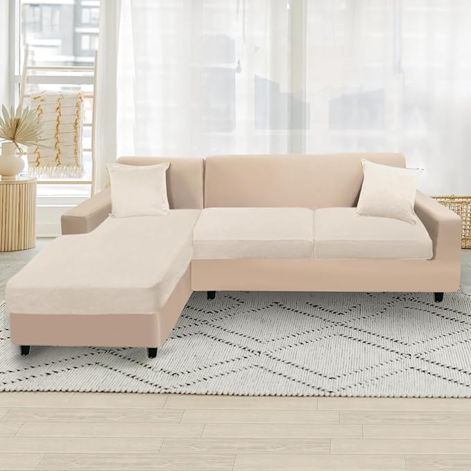 NAISI Sectional Couch Cover 3 Pieces Velvet Separate Couch Cushion Covers L Shape Soft Stretch Sofa Slipcovers with 2pcs Pillowcases for Left/Right Chaise Sectional Couch(2 Seater+1 Chaise,Beige)
