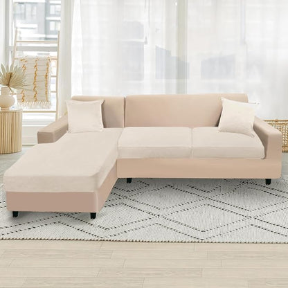 NAISI Sectional Couch Cover 3 Pieces Velvet Separate Couch Cushion Covers L Shape Soft Stretch Sofa Slipcovers with 2pcs Pillowcases for Left/Right Chaise Sectional Couch(2 Seater+1 Chaise,Beige)