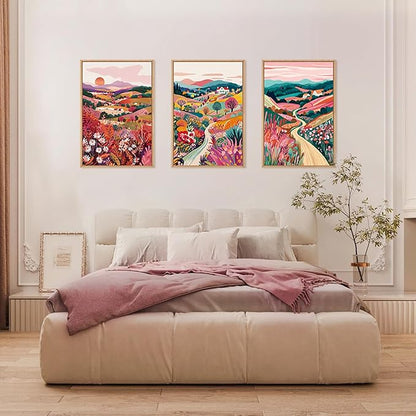 HLNIUC Boho Colorful Wall Art, Floral Mountain Framed Decor(16"x24"), Abstract Wildflower Nature 3 Piece Canvas Painting, Botanical Sunset Forest Art Print for Living Room, Bedroom, Office