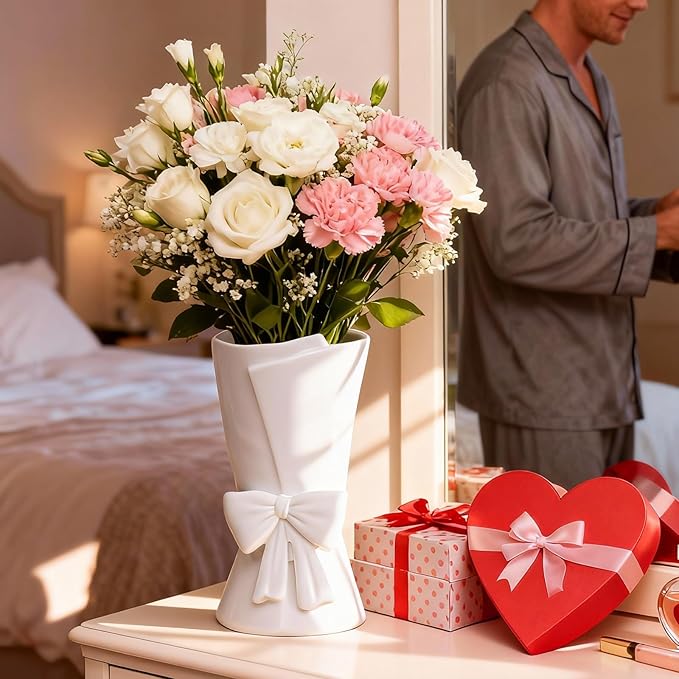 White Ceramic Bow Vase Unique Cute Decorative Bouquet Flower Vases 9.64 in Valentine's Day Decor Vase