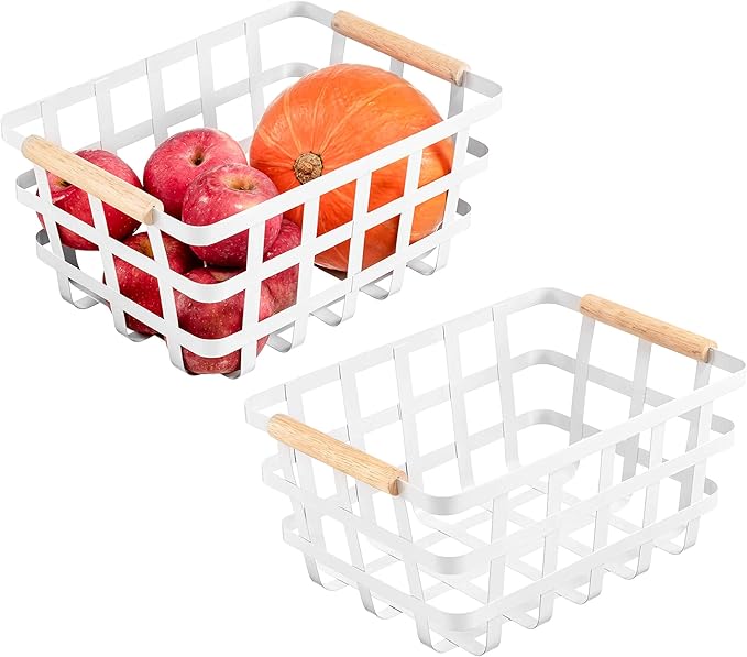 Wire Metal Baskets Storage Organizer Farmhouse Baskets with Wood Handles for Pantry Cabinets Store Fruit, Coffee, Spices, Pasta, Baking Supplies - White