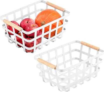Wire Metal Baskets Storage Organizer Farmhouse Baskets with Wood Handles for Pantry Cabinets Store Fruit, Coffee, Spices, Pasta, Baking Supplies - White