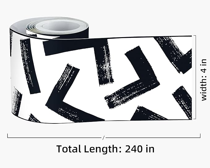 FLFK Black and White Design Wallpaper Border - Peel and Stick Wall Paper, Self Adhesive Removable PVC Borders Sticker, Modern Waterproof Trim for Home Decor, 4" x 240"