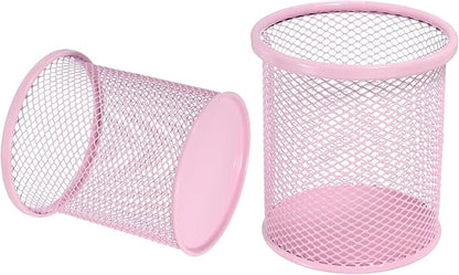 uxcell 2Pcs Mesh Pencil Holder, Metal Pen Cup Desk Organizer Makeup Brush Cup Holder for Home, Office, Classroom(Pink)