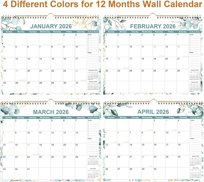 2026 Calendar - Calendar 2026 from January 2026 - December 2026, 12 Months Calendar with Premium Paper, Twin-Wire Binding & Hanging Hook, 12" x 14.5", Green Leaf