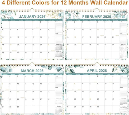 2026 Calendar - Calendar 2026 from January 2026 - December 2026, 12 Months Calendar with Premium Paper, Twin-Wire Binding & Hanging Hook, 12" x 14.5", Green Leaf