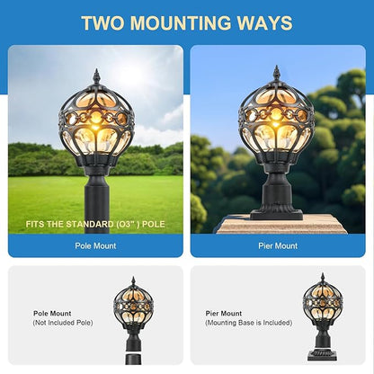 Outdoor Lamp Post Lights, Aluminum Rust-Proof Globe Post Light for Porch Front Door Driveway Lawn Garden, Black Sphere Exterior Pillar Post Light, Hardwired 3" Pier Mount Post Lantern
