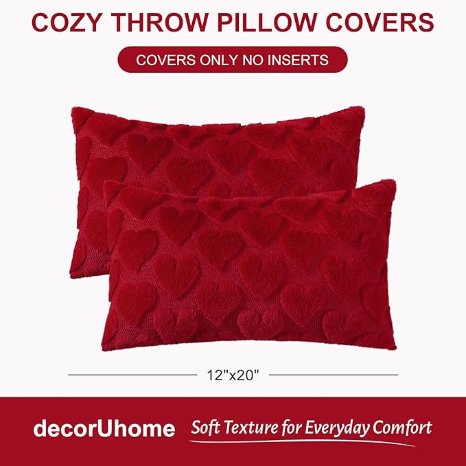 decorUhome Valentine’s Day Soft Plush Throw Pillow Covers 12x20 Inch Set of 2, Faux Fur Red Heart Decoration Neutral Lumbar Pillow Covers for Couch Sofa Bed Cozy Farmhouse Holiday Decor