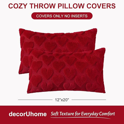 decorUhome Valentine’s Day Soft Plush Throw Pillow Covers 12x20 Inch Set of 2, Faux Fur Red Heart Decoration Neutral Lumbar Pillow Covers for Couch Sofa Bed Cozy Farmhouse Holiday Decor