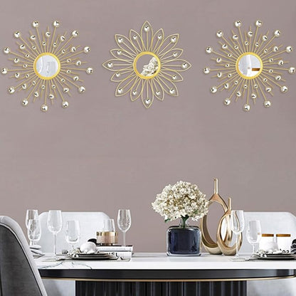 Uaussi 3 Pack Crystal Sunburst Wall Mirror Décor Rhinestone Mirrors Decorative Home Wall Art for Living Room Bedroom Entryway(Flower+Sunburst Gold)