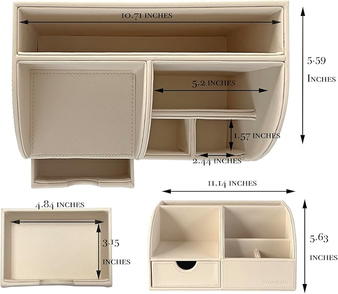 UnionBasic Desk Organizer - Multifunctional Leather Desktop Pen Holder Storage Box - Business Card/Pen/Pencil/Mobile Phone/Stationery Holder, Beige Revised