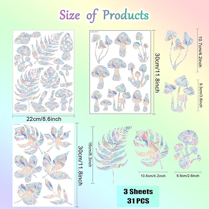 31 Pieces Mushroom Leaves Sun Catcher Window Clings for Glass Windows, Anti-Collision Stickers Decals Prevent Bird Strikes,Rainbow Prismatic Window Clings Non Adhesive