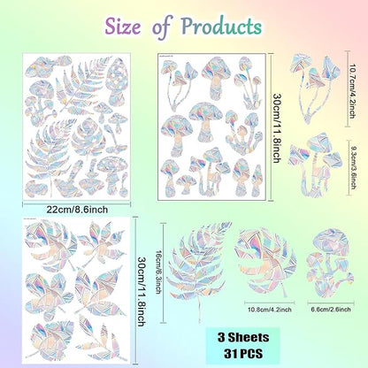 31 Pieces Mushroom Leaves Sun Catcher Window Clings for Glass Windows, Anti-Collision Stickers Decals Prevent Bird Strikes,Rainbow Prismatic Window Clings Non Adhesive