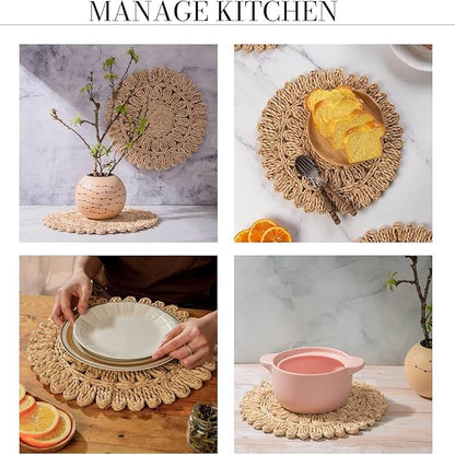 15" Set of 6 Round Corn Husk Placemats | Boho Woven Rattan Table Mats | Farmhouse Wicker Spring Plate Chargers Like Water Hyacinth, Seagrass Table Mats