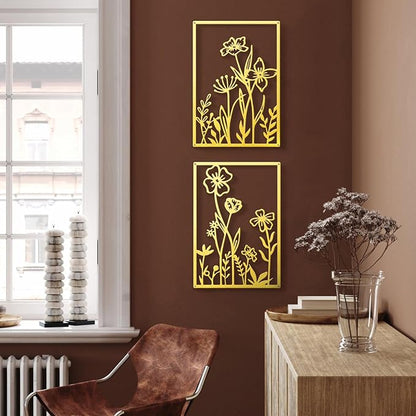 Sokurdeg Gold Metal Flowers Wall Decor, Minimalist Floral Metal Wall Hanging Art for Bedroom Bathroom Living Room (4 Pcs, 12 x 17 in)