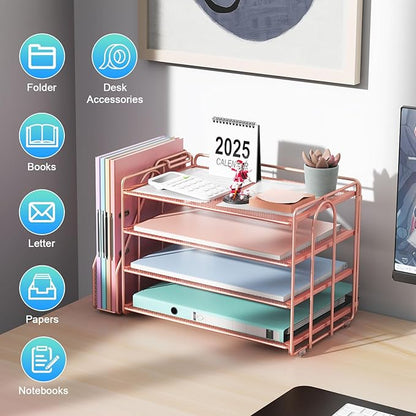gianotter 4-Tier Paper Organizer With Magazine Holder, Desk Organizers and Accessories, Cute Desk Accessories for Women, File Organizer for Office Supplies Storag(Rose Gold)