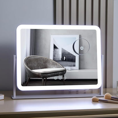 HIEEY Vanity Mirror with Lights, Lighted Makeup Mirror, Three Color Lighting Modes, and 5X Magnification Mirror, Smart Touch Control, 360°Rotation (17.4" x 13.5" White,Gift Box)