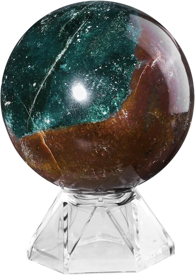 Natural Ocean Jasper Crystal Ball with Acrylic Display Base, 51-60mm Polished Stone Feng Shui Crystal Sphere Meditation Decoration for Home & Office