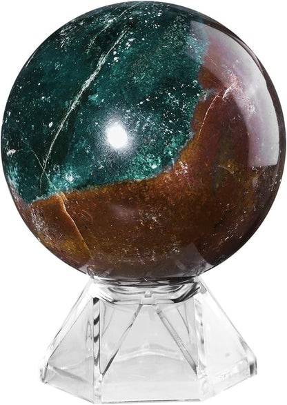 Natural Ocean Jasper Crystal Ball with Acrylic Display Base, 51-60mm Polished Stone Feng Shui Crystal Sphere Meditation Decoration for Home & Office