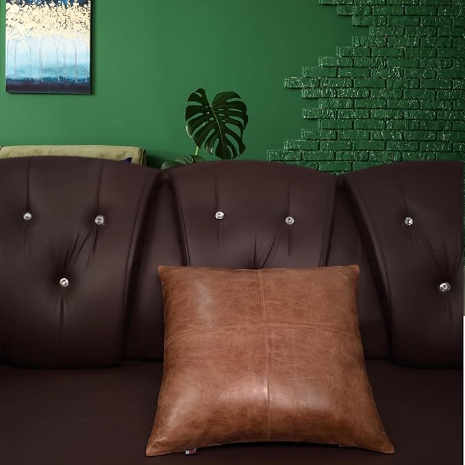 D DOLLY LAMB Lambskin Leather Pillow Cover - Sofa Cushion Case - Decorative Throw Covers for Living Room & Bedroom, 22x22 Inches - Tan & Brown Plain Pack of 2