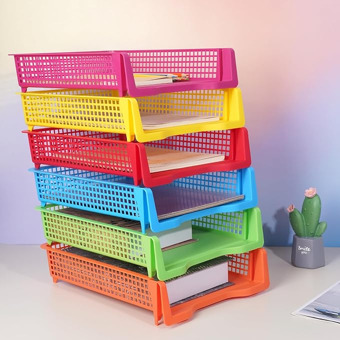 ZZYFGH 6 Pack Turn in Trays for Teachers, Plastic Classroom Paper Organizers, Colorful Storage Baskets for Office, Stackable Office Desktop Document Paper Storage(13.4 * 9.5 * 2.7in)