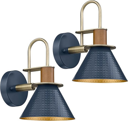Industrial Wall Sconces Set of Two, HWH Indoor Wall Sconce 1-Light Barn Vanity Light, Hammered Wall Lamp for Bathroom Bedroom Bedside Kitchen, Hammered Metal Shade, Navy Blue Finish, 5HZG74B-2 BL+BG