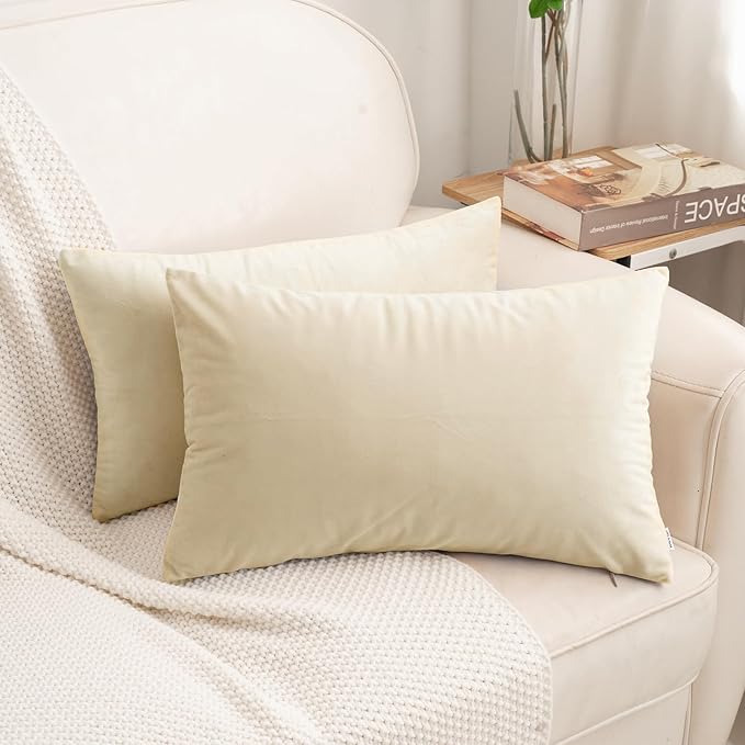 HWY 50 Cream White Velvet Rectangular Throw Pillow Covers 12x20 Inch, Pack of 2 Soft Cozy Solid Decorative Luxury Cushion Cases for Couch Sofa Bed Living Room Bedroom