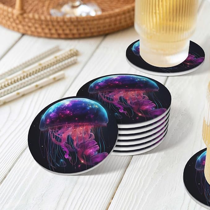 6 Pcs Ceramic Coasters with Holder Absorbent Drink Round Fantasy Starry Sky Galaxy Gellyfish Design for Home Table Coffee Cup Wine Beer Bar,Size 4.4 inches