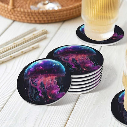 6 Pcs Ceramic Coasters with Holder Absorbent Drink Round Fantasy Starry Sky Galaxy Gellyfish Design for Home Table Coffee Cup Wine Beer Bar,Size 4.4 inches