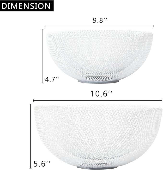 IBWell Metal Wire Woven Fruit Storage Bowl Basket for Kitchen, Large Black Mesh Fruit Stand, for Apple, Pineapple, Banana, Orange, Lemon, Pear, Strawberry, Watermelon (White, Normal & Large)