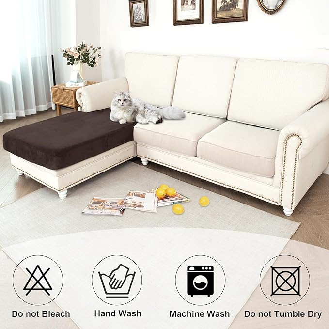 NAISI Waterproof Couch Cushion Covers Thick Velvet Fabric Washable Sofa Slipcovers 1 Piece Individual Sectional Couch Covers with Elastic Bottom(1 PC for Chaise Lounge,Coffee)