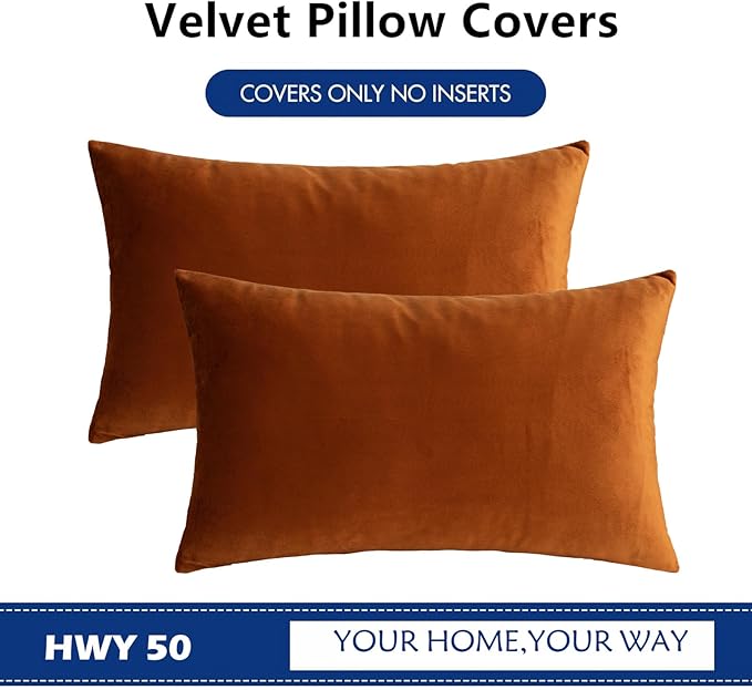HWY 50 Burnt Orange Velvet Rectangular Throw Pillow Covers 12x20 Inch, Pack of 2 Soft Cozy Solid Decorative Luxury Fall Cushion Cases for Couch Sofa Bed Living Room Bedroom