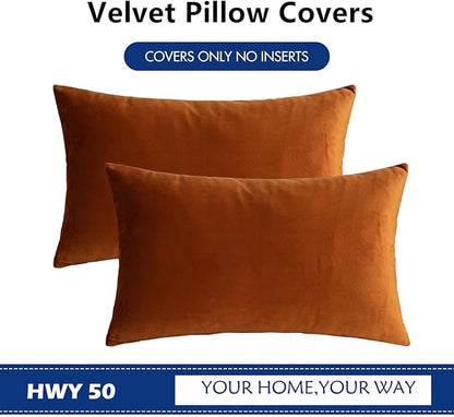 HWY 50 Burnt Orange Velvet Rectangular Throw Pillow Covers 12x20 Inch, Pack of 2 Soft Cozy Solid Decorative Luxury Fall Cushion Cases for Couch Sofa Bed Living Room Bedroom