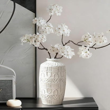 Large White Ceramic Vase - 9.6" H Embossed Decorative Vases for Home Decor, Modern Boho Rustic Table Centerpieces for Living Room, Dining Room, Shelf, Mantel, Office