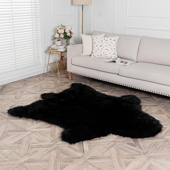 Black Bear Rug Faux Cowhide Rug Animal Print Area Rug Faux Sheepskin Fur Carpet Decor for Living Room 5.1x6.1 Feet