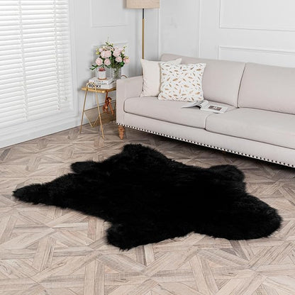 Black Bear Rug Faux Cowhide Rug Animal Print Area Rug Faux Sheepskin Fur Carpet Decor for Living Room 5.1x6.1 Feet