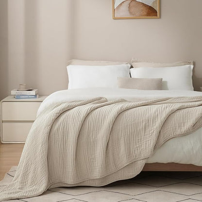 PHF Cooling Muslin Blanket Queen Size 90"x80", 6-Layer Lightweight Gauze Blanket Made from 35% Rayon Derived from Bamboo & 65% Cotton, Breathable & Ultra Soft Cozy for Hot Sleepers, French Oak