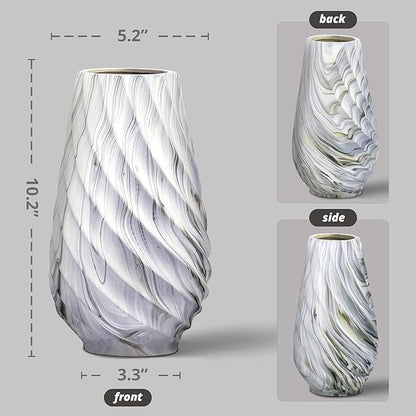 10 inch Tall Ribbed Ceramic Vase for Flowers,Boho Vases for Pampas Grass,Wood Grain Exterior vase,Simple Modern Decorative Vase for Home Decor Table Centerpieces(White)