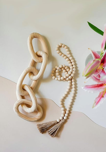 Decorative Wood Chain Link and Bead Garland Set | Hand Carved Pine Wood Chain Decor | Modern Farmhouse Decor Set | Aesthetic Room Decor | Boho Decorations for Living Room Bedroom Entryway | Natural